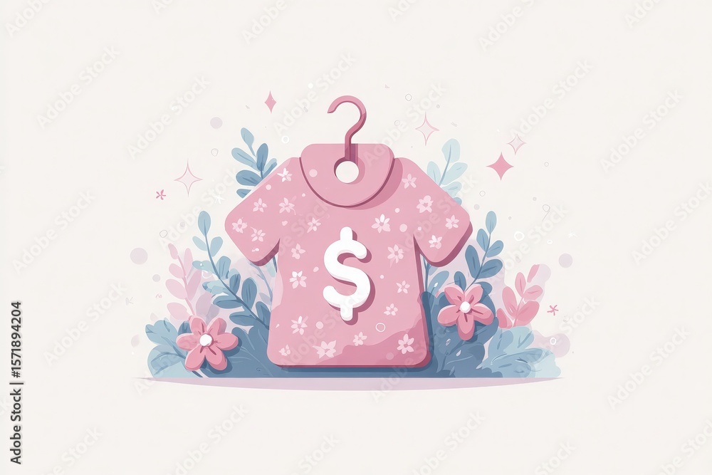 A pink floral shirt with a dollar sign hangs among delicate flowers and leaves, representing a creative fashion marketing idea that combines style and commerce.
