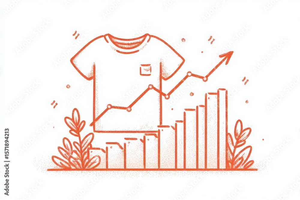 This artwork illustrates a shirt symbolizing the fashion industry, with upward trends depicted through graphs and surrounded by plants, signifying growth and sustainability.