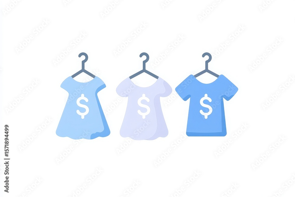 Three garments featuring dollar signs hang on simple hangers against a clean white backdrop. This setup creates a modern, minimalist feel suitable for a contemporary retail space.
