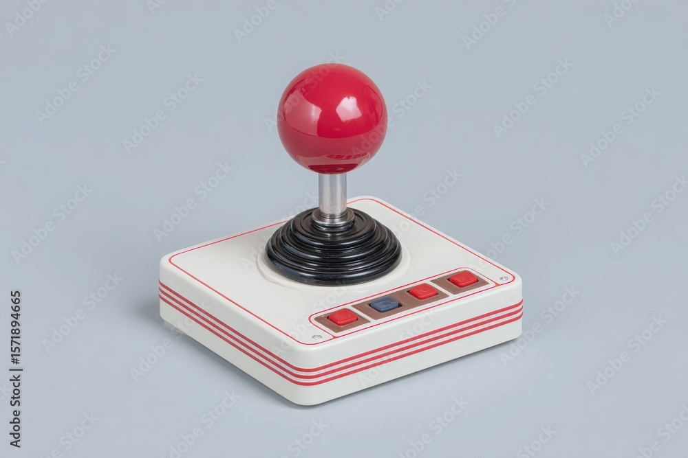 A classic arcade joystick with a red ball top and buttons sits on a light blue surface. Its design features a shiny black base and red accents, capturing nostalgic gaming vibes.