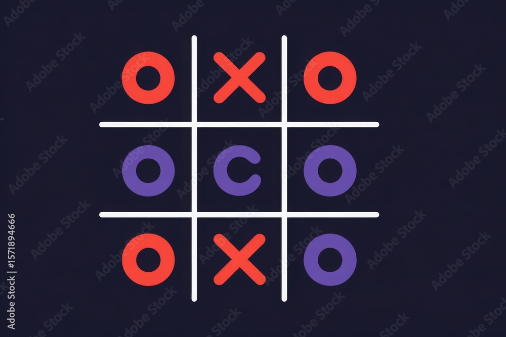 A tic tac toe grid is presented with red Xs and purple Os on a dark background. The game showcases a completed match, highlighting strategic moves and colorful design elements.