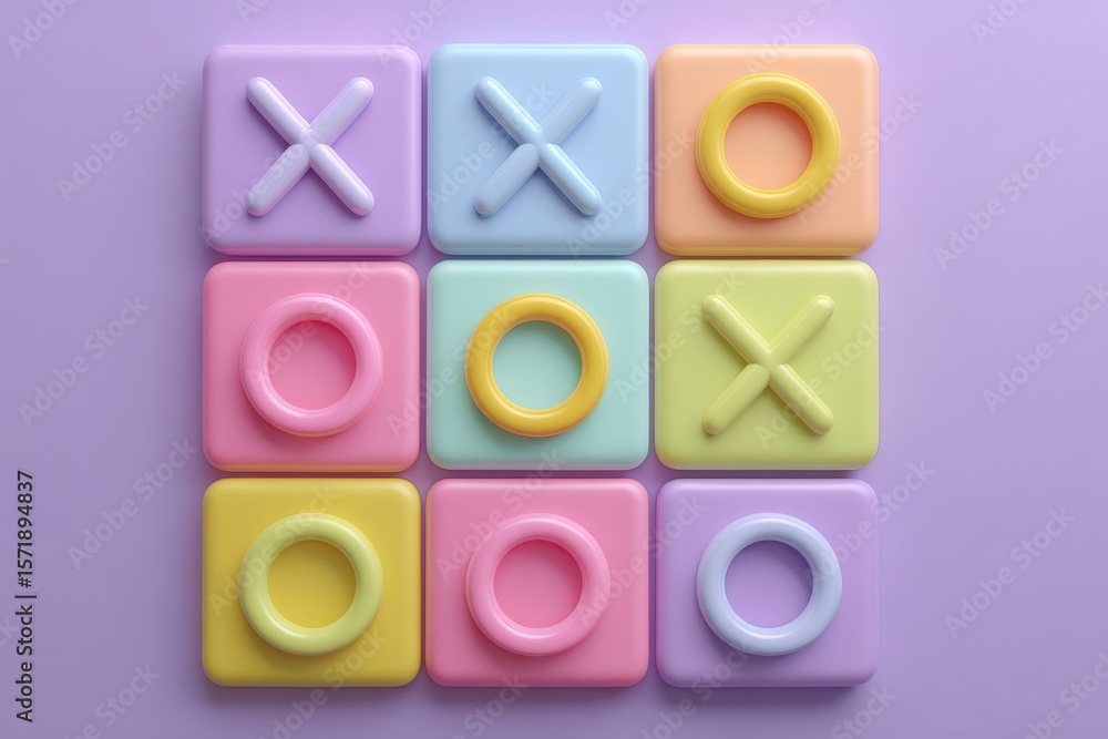 A colorful tic-tac-toe board features pastel squares with playful shapes. The game has X and O markers in various soft hues, set against a calming purple background, inviting players to engage.