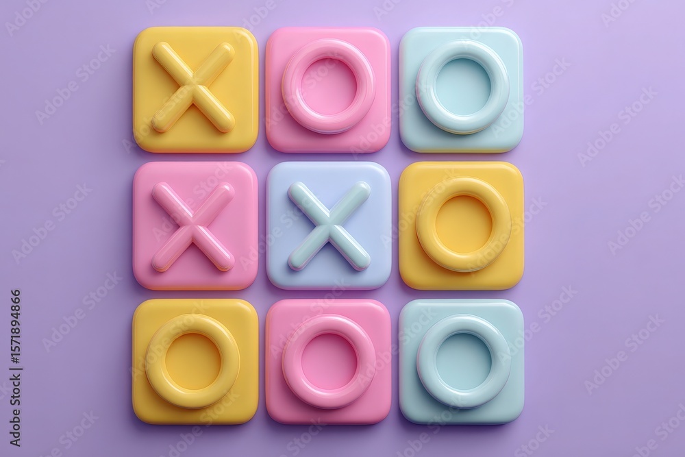A tic-tac-toe game board is displayed using pastel-colored tiles. The board features a mix of pink, yellow, and blue squares with X and O shapes positioned for a playful match.