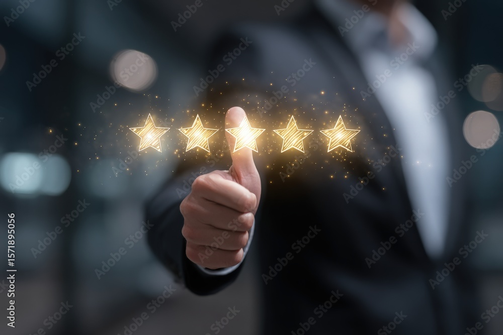 A person dressed in a dark suit stands in a stylish office environment. They give a thumbs up gesture while five sparkling stars display above their hand, suggesting a positive evaluation.