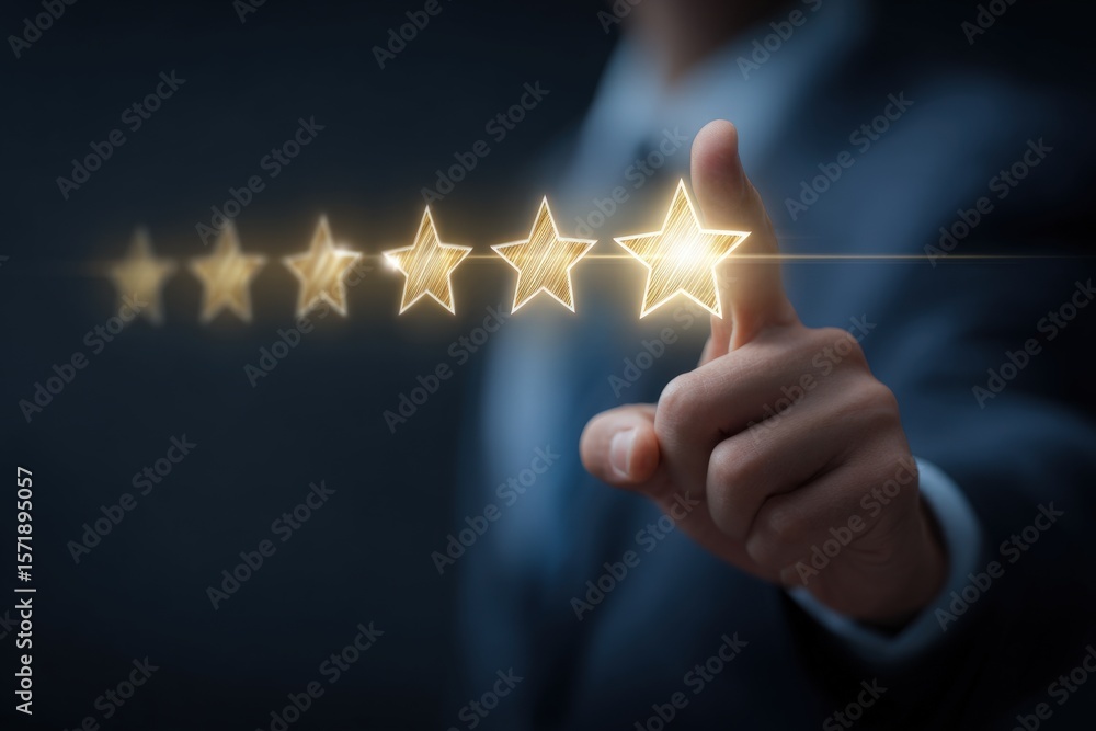 A person in a business suit points towards a line of five glowing stars symbolizing high ratings. The dark background emphasizes the bright stars, portraying a sense of achievement and satisfaction.
