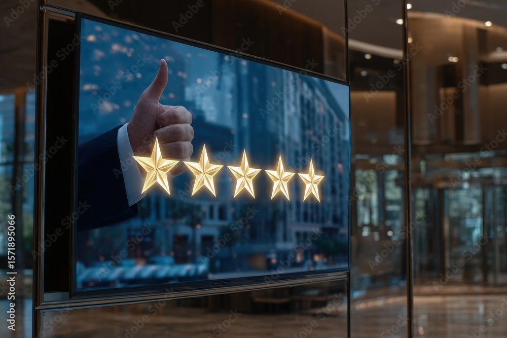 A hand gives a thumbs up in front of a digital display featuring five glowing stars in an upscale environment, conveying high satisfaction and quality in a contemporary space.