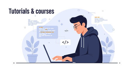 Wall Mural - Programmer Working On Laptop For Online Course Or Web Development Project