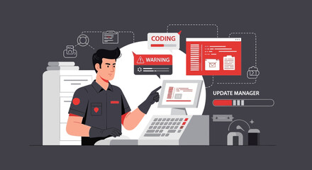Programmer Resolving a Software Issue After Encountering an Alert on His Computer