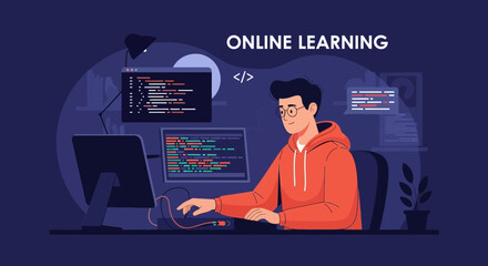Young Man Coding From Home With Multiple Monitors For Online Education