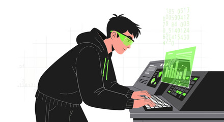Man Analyzing Data On A Futuristic Computer System With Green Overlays