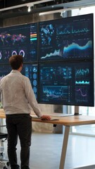 Wall Mural - it specialist is standing at a desk, looking at multiple computer screens displaying various data vi