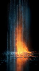 Wall Mural - orange digital fire burning on a reflective floor with binary code rain falling in the background, c