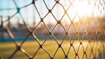 The sun shines through the soccer net on a bright day
