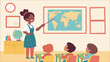 © Ramlan - Teacher teaching geography with world map to diverse students in classroom. Education and learning concept.
