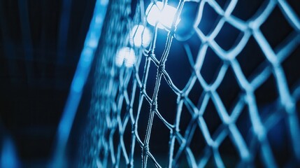 A closeup of a soccer net shows a mesh pattern in blue light