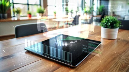 Wall Mural - futuristic hologram is showing data analysis on a tablet