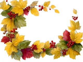 Wall Mural - Watercolor illustration of autumn leaves and red berries forming a decorative border on a white background.