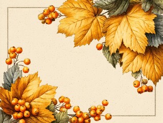 Wall Mural - Golden autumn leaves and bright orange berries compose a beautiful decorative corner frame illustration art.