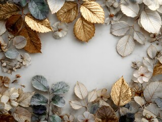 Wall Mural - Decorative frame of autumnal leaves painted gold and silver creating an elegant floral arrangement design.