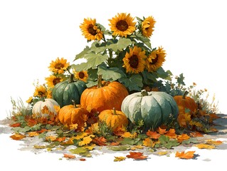 Wall Mural - Fall harvest still life features pumpkins, sunflowers, and colorful leaves on a white background scene.