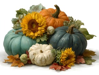 Wall Mural - Colorful autumn display of pumpkins and sunflowers with falling leaves against white, creating season spirit.
