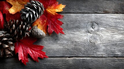 Wall Mural - Colorful autumn leaves and pinecones are beautifully displayed on a rustic weathered wooden surface table.