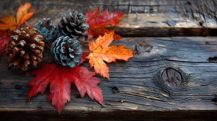Wall Mural - Autumn leaves and pine cones are beautifully arranged on rustic aged wood creating a seasonal still life.