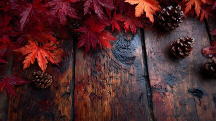 Wall Mural - Crimson and burnt orange maple leaves and pinecones rest on a rustic dark wooden surface beautifully lit.