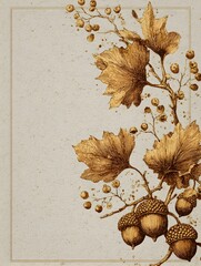 Wall Mural - Golden autumn leaves and acorns create an elegant corner border on a textured beige paper background.
