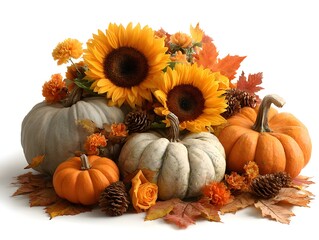 Wall Mural - A beautiful arrangement of pumpkins, sunflowers, pinecones, and fall leaves displays autumnal splendor.