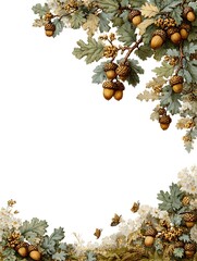 Wall Mural - An antique botanical illustration of oak branches with acorns and butterflies on a white background artfully.