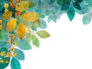 Wall Mural - Artistic watercolor illustration of leaves and flowers in shades of green yellow and blue on white paper.