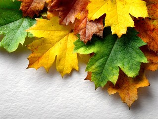 Wall Mural - Colorful autumn leaves of various colors, shapes, and sizes create a vibrant border on a white surface.