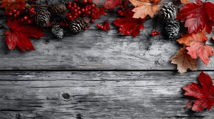 Wall Mural - A seasonal arrangement of autumn leaves berries and pinecones is displayed on weathered gray wood surface.