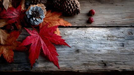 Wall Mural - Autumn leaves and pinecones arranged on rustic wood provide a seasonal Thanksgiving decoration backdrop.