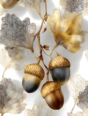 Wall Mural - Three acorns hang elegantly on a branch amidst golden ginkgo leaves against a clean white background.