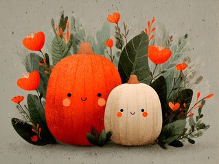 Wall Mural - Cute pumpkins with smiling faces are surrounded by vibrant floral elements creating an autumn illustration.