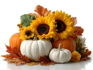 Wall Mural - Pumpkins and sunflowers arranged with fall leaves create a festive seasonal autumn table centerpiece.