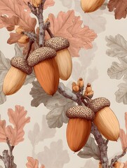 Wall Mural - Autumn oak branch illustration displays acorns and leaves in warm earthy tones with beige backdrop artfully.