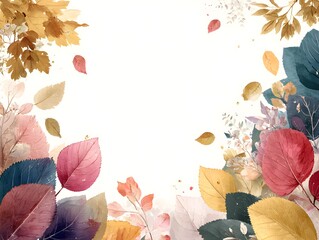 Wall Mural - Watercolor autumn leaves frame a blank white space for personalized invitations or seasonal greetings cards.