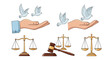 © Matheus - Illustration showing hands releasing doves and scales of justice with a gavel on a white background