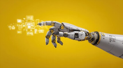 Robot hand distributing resources with yellow background representing ai capital allocation and management tools