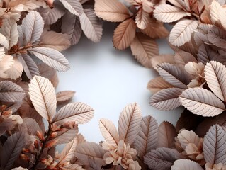 Wall Mural - Elegant neutral toned leaves create a captivating and artistic border around a light blank space center.