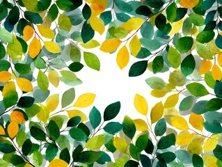 Wall Mural - Watercolor illustration shows bright yellow and green leaves forming a beautiful organic frame on white background.