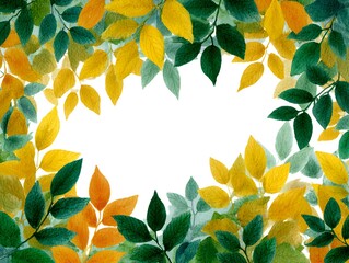 Wall Mural - Watercolor leaves in shades of green yellow and orange form a frame against a bright white background beautifully