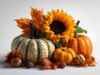 Wall Mural - Autumn still life features a bright sunflower with pumpkins and colorful fall leaves on a white background.