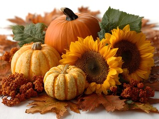 Wall Mural - An autumnal still life featu pumpkins, sunflowers, leaves, and seasonal decorations on a white surface.