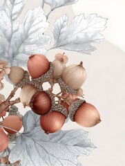 Wall Mural - Autumnal acorn cluster with silver leaves displays elegant botanical illustration on a clean neutral background.