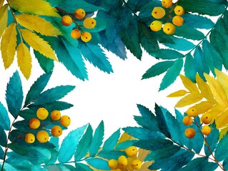 Wall Mural - Watercolor illustration of rowan branches with yellow berries and teal leaves creating a decorative frame.