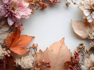 Wall Mural - Dried autumn leaves and flowers frame a bright white copy space creating a warm inviting background.